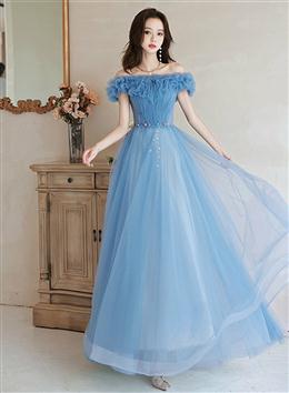 Picture of Blue Off Shoulder Beaded A-line Floor Length Party Dresses, Blue Evening Gown
